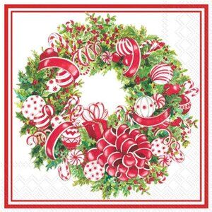 2 . 3-Ply Paper Napkins, 20-Count Cocktail Size, Candy Ribbon Wreath set 2 New